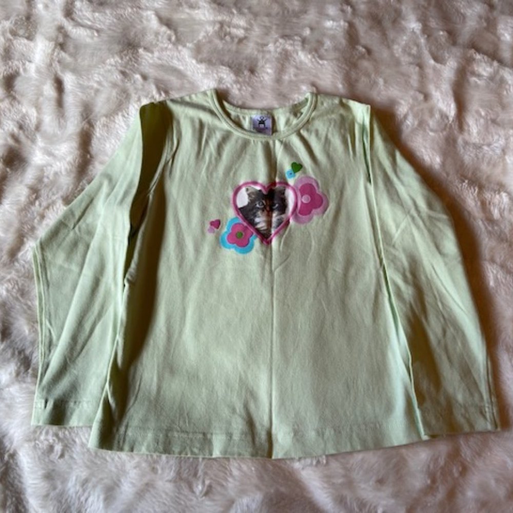 2/$30 Please Mum Girls Green Long Sleeve Cat Shirt Size M Sparkly Hearts
